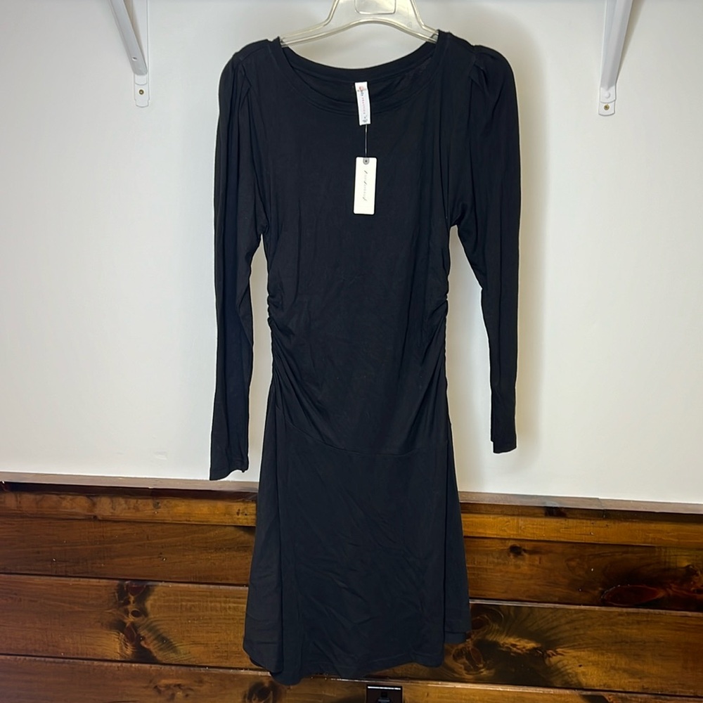 NWT Anthropologie Daily Practice Black Ruched Cotton Blend Long Sleeve‎ Dress-S